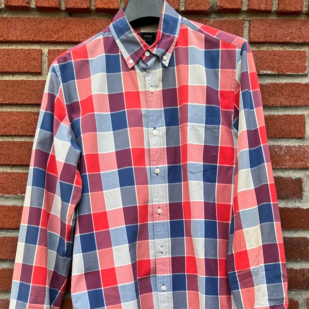 J.Crew Men’s Slim Fit Plaid Button-Down Shirt – Red, Blue & White Check – 100%